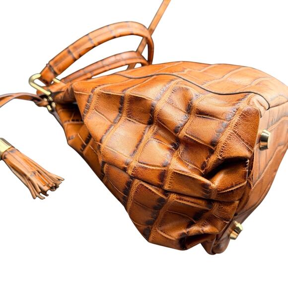 G.I.L.I. Genuine Leather Croc Embossed Satchel Tote Bag Cognac Brown - Picture 4 of 16